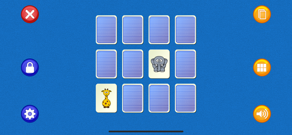 Matching Pairs! - Gameplay screen of Matching Pairs memory game showing a grid of cards with cartoon animal illustrations and navigation buttons.