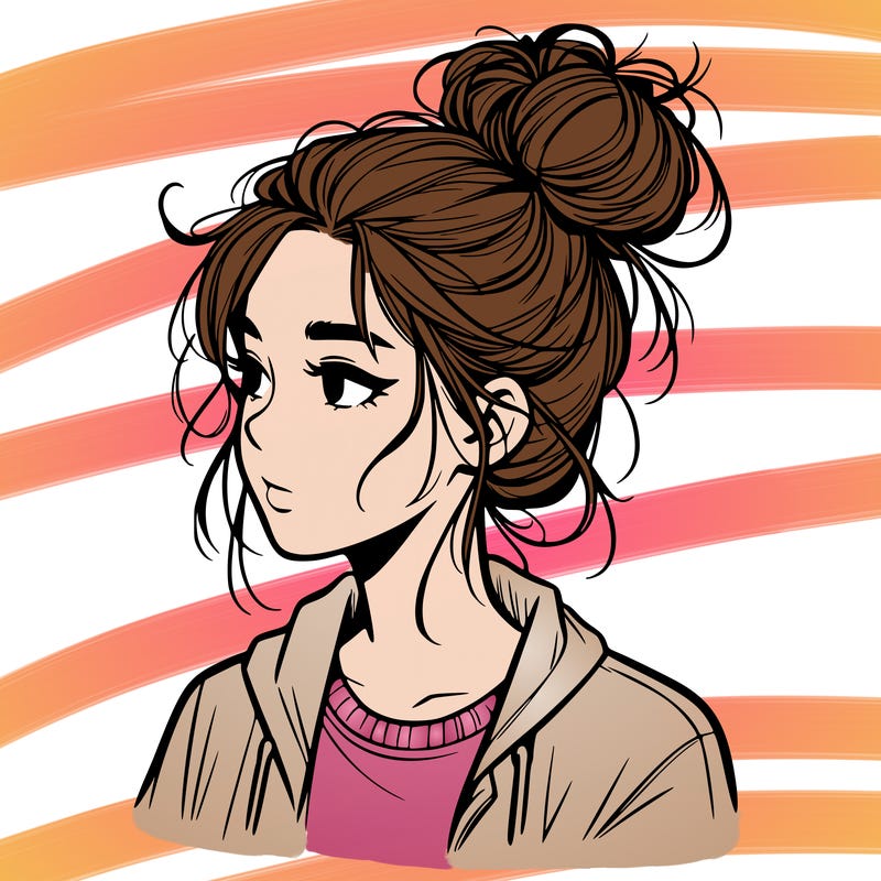 realistic teenage girl with a messy bun