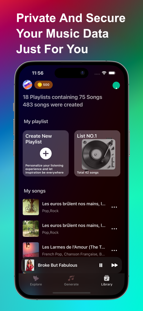 Sonic AI Songs & Music Maker - Pantalla de la biblioteca de la aplicación Sonic AI que muestra listas de reproducción creadas y una lista de canciones libres de derechos generadas por IA para creadores.