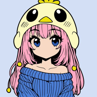 anime girl with chick shaped hat with sweater with bare shoulders with bangs covering them one eye with low tail