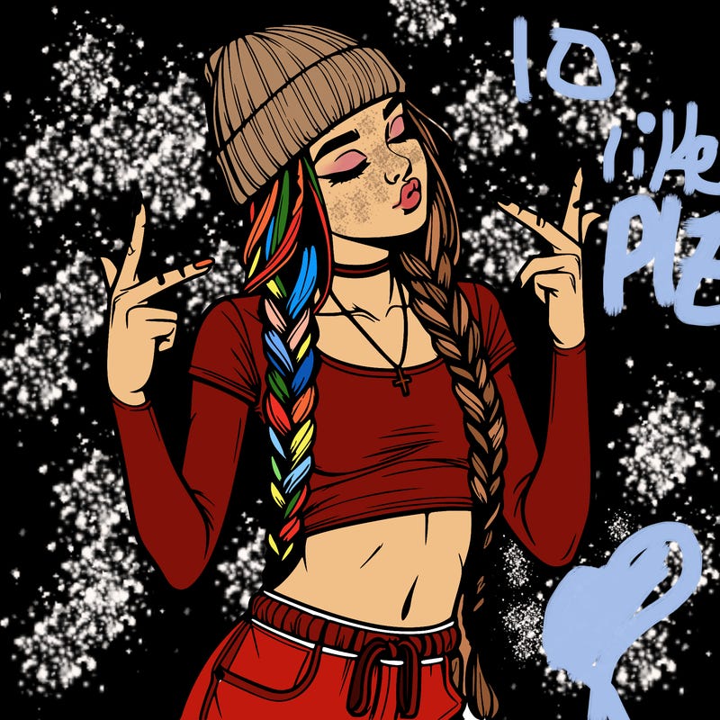 realistic teenage girl with braids and a beanie and crop top doing 🫶🏼