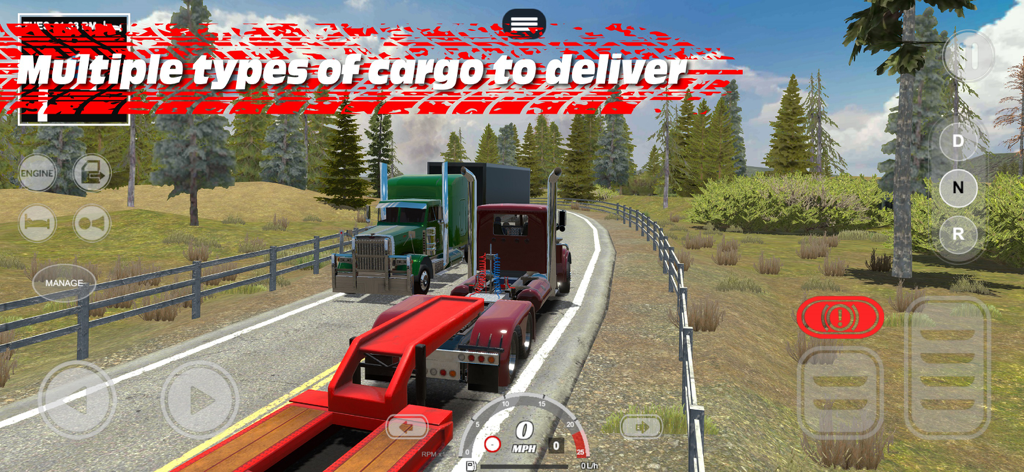 Zwei amerikanische Sattelzüge auf einer malerischen Landstraße mit Frachtanhängern im Gameplay von Truck Simulator PRO USA