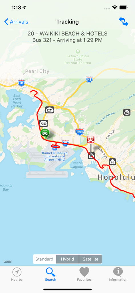 Real-time bus tracking on the DaBus2 Oahu app map showing route twenty to Waikiki Beach.