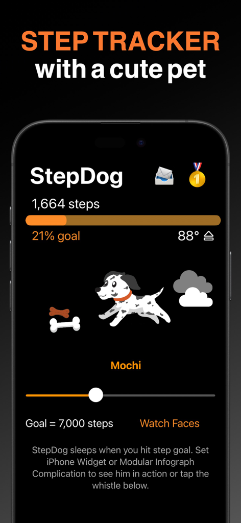 StepDog: Step Counter with Dog - StepDog app interface showing daily step count and a virtual Dalmatian pet