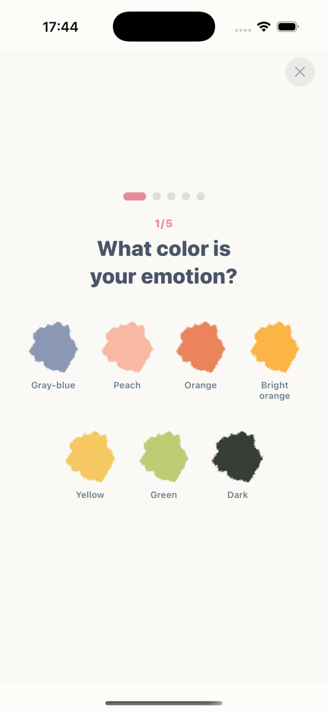 Buba – self-care buddy - Pantalla de la aplicación Buba preguntando de qué color es tu emoción con varias opciones de color