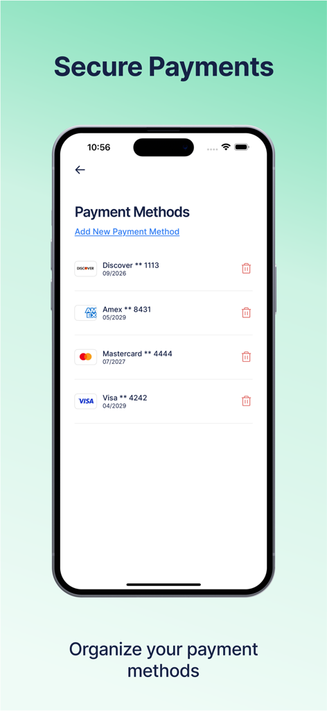 Tela do aplicativo Tithely mostrando métodos de pagamento com cartão de crédito salvos para doações seguras para a igreja