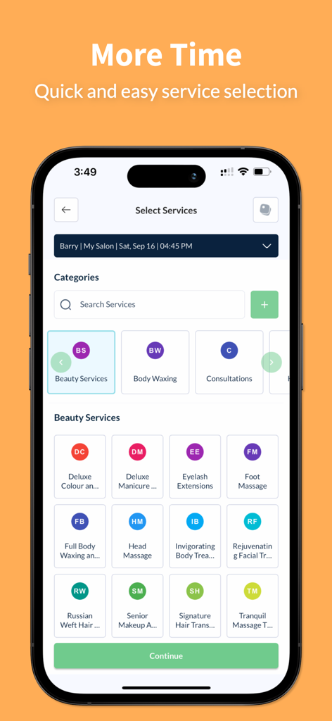 Simple Salon - Simple Salon app interface showing quick and easy service selection categories for beauty and wellness businesses
