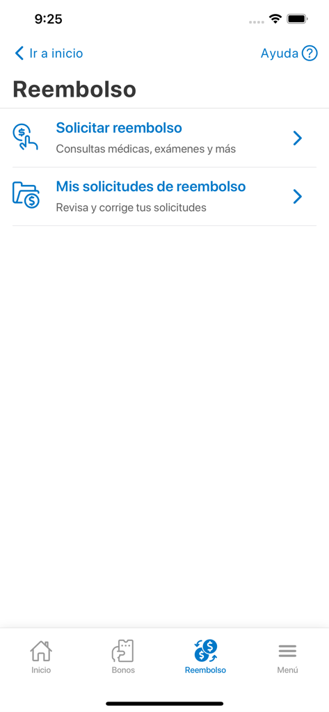 Colmena mobile app interface showing the refund section with options to request medical refunds