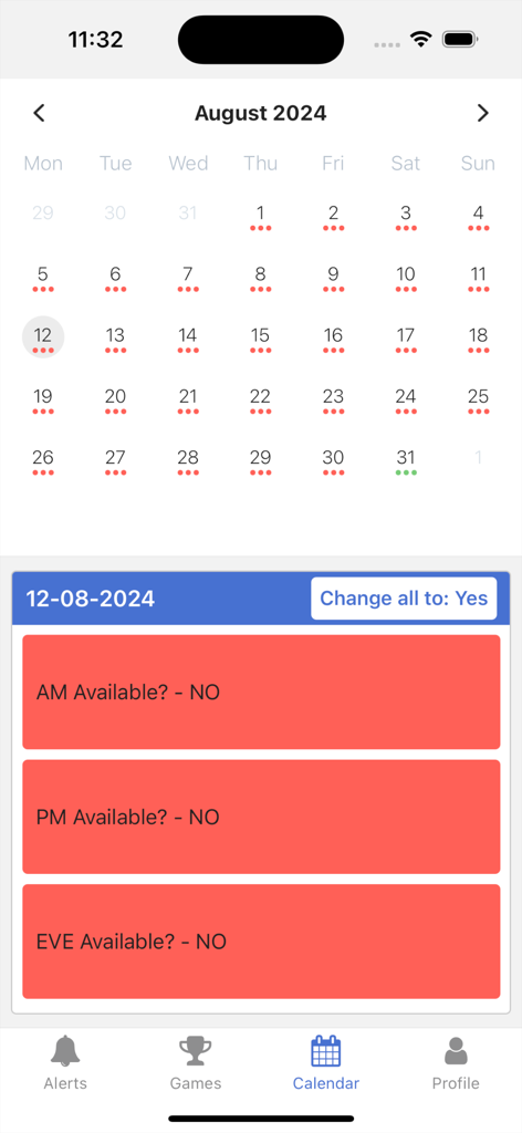 WhosTheRef mobile app calendar screen showing daily availability management for sports officials