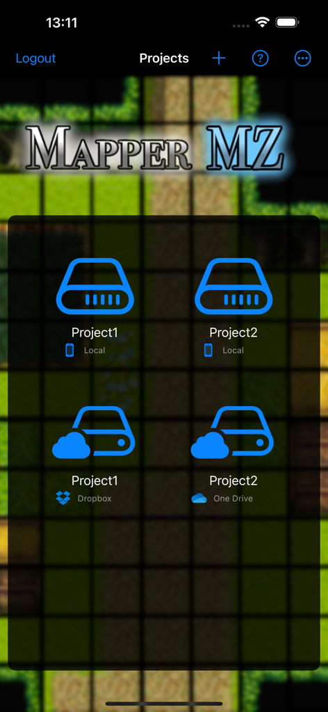 Pantalla de proyectos de la aplicación móvil Mapper MZ mostrando opciones de proyectos de almacenamiento local y en la nube para desarrolladores de RPG Maker MZ