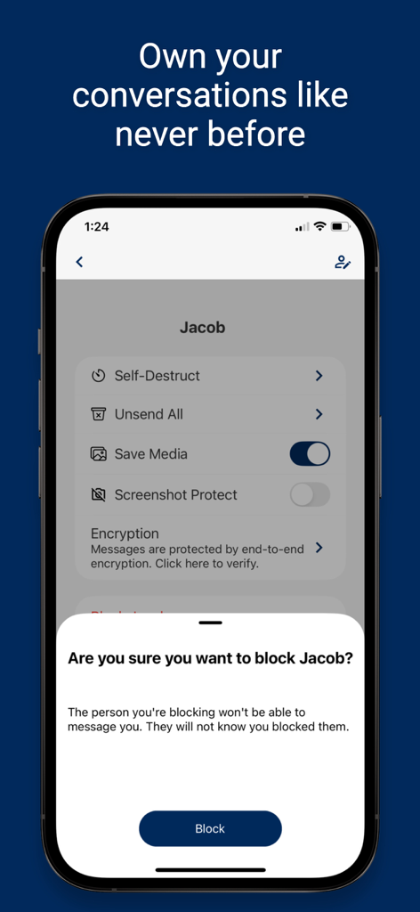 Freedom Chat - Freedom Chat app interface showing privacy settings and a confirmation modal to block a contact.
