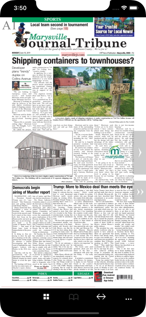 Digital replica of the Marysville Journal-Tribune newspaper front page shown in a mobile app.