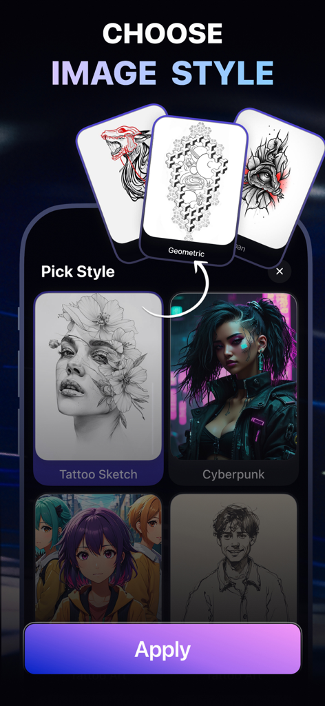 Artica - AI Art Generator - Mobile app interface of Artica showing a variety of AI art styles like Cyberpunk and Tattoo Sketch for users to choose from