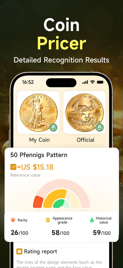 Go Coin Identifier: Coin Value - A mobile app interface displaying coin identification results and reference value estimation
