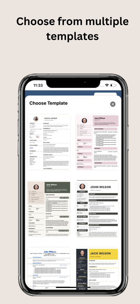 Uma variedade de modelos profissionais de currículos e cartas de apresentação exibidos na tela de um smartphone