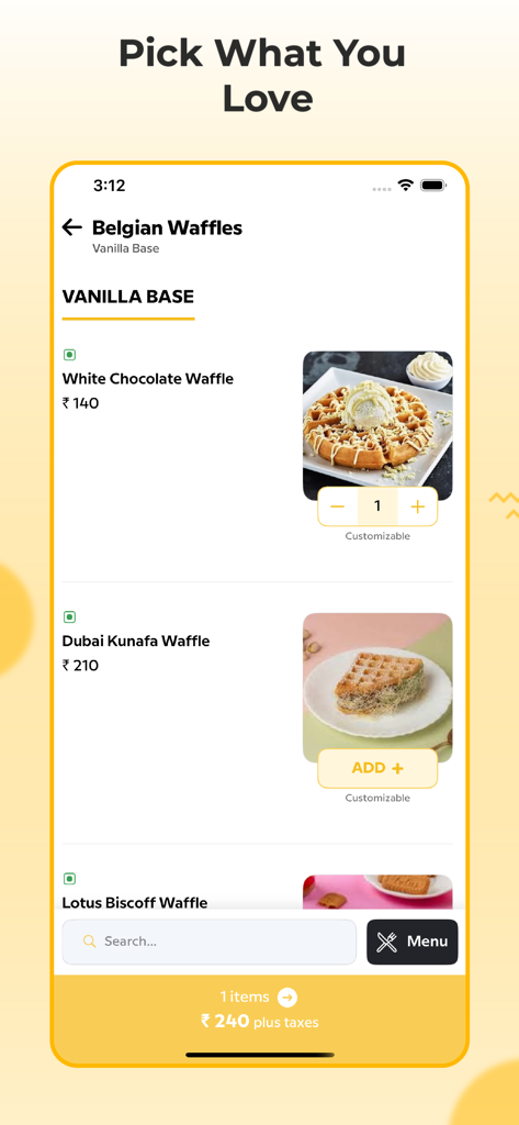 The Waffle Club - Menú de la aplicación móvil para The Waffle Club mostrando una selección de waffles belgas, incluidos los sabores de chocolate blanco y Dubai Kunafa, con precios y botones para añadir al carrito.