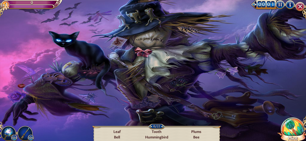 A spooky hidden object scene in Midnight Castle featuring a large scarecrow, a black cat with glowing blue eyes, and a list of items to find.