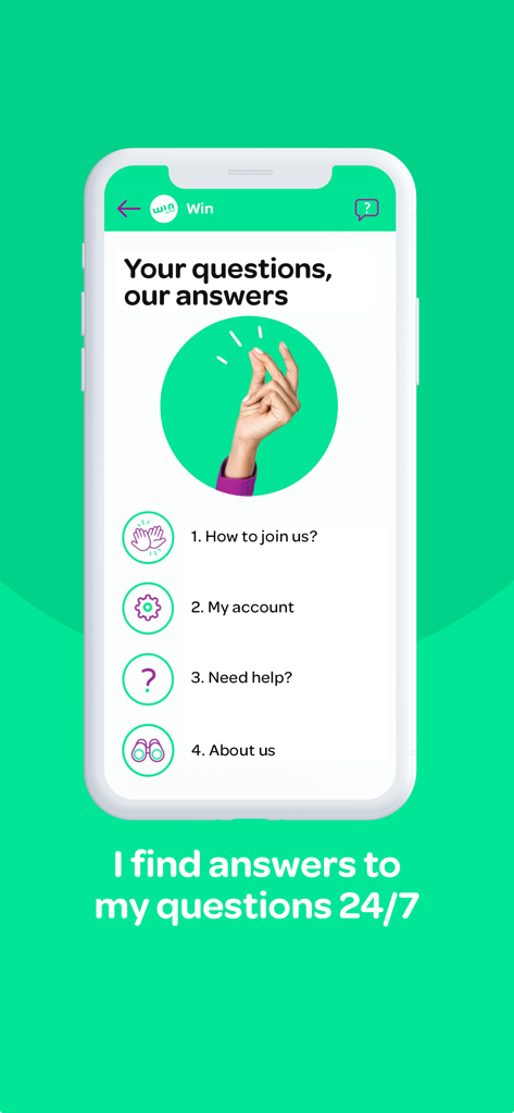 win by inwi - Écran de l'application win by inwi affichant l'aide client 24h/24 et 7j/7 et les questions fréquemment posées