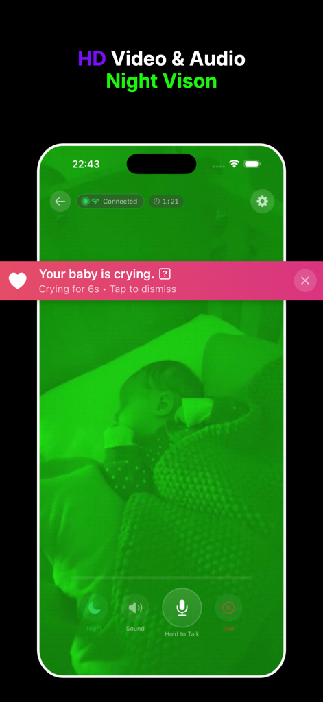 Slumberly - Baby Monitor - Interface of Slumberly app showing HD night vision video of a sleeping baby and a red banner indicating a cry alert.