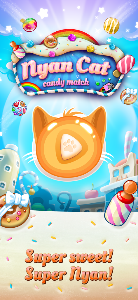 Nyan Cat Candy Match game start screen featuring a large cat head play button surrounded by colorful candies and rainbows.