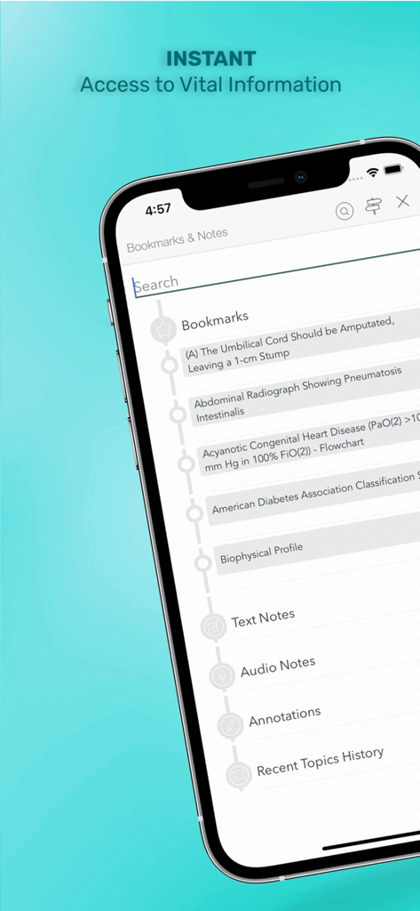 Gomella's Neonatology - Gomella Neonatology app screen showing bookmarks and notes with medical topics for neonatal care