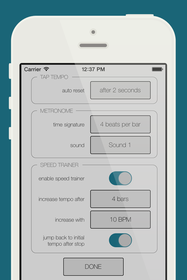 Tap That Tempo plus - Einstellungsbildschirm der Tap That Tempo plus App mit Optionen für Tap-Tempo-Metronom und Geschwindigkeitstrainer