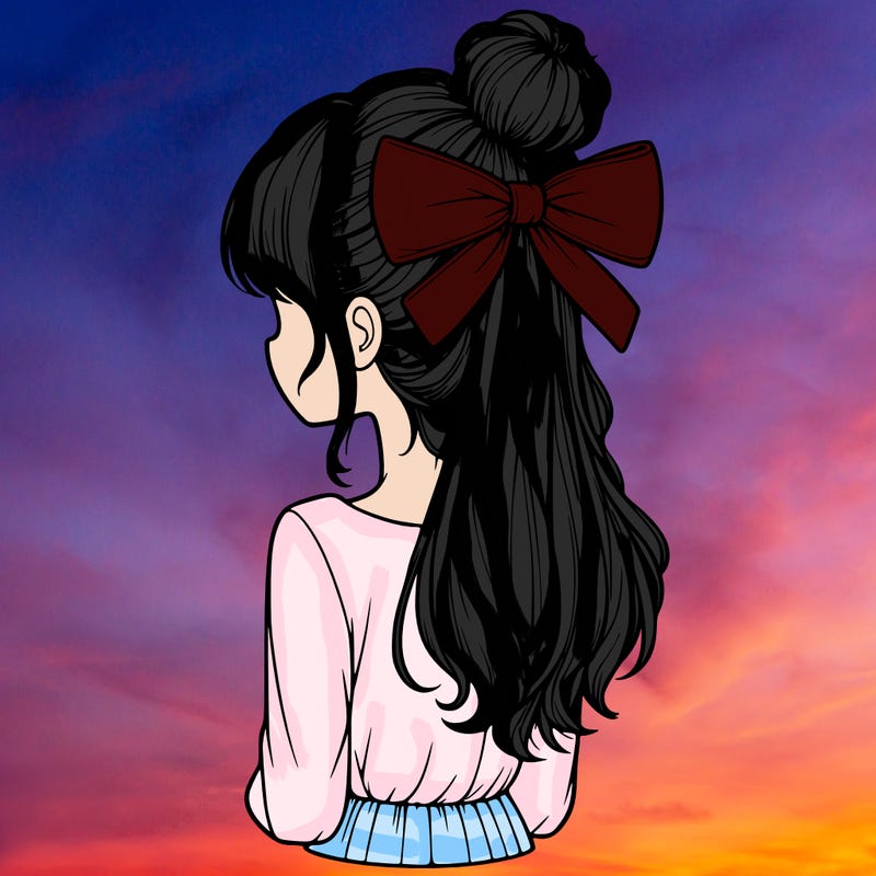 realistic girl  with hip length hair a bun and a big bow on the back of head