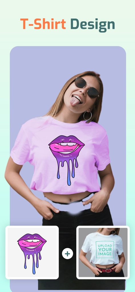 Mockup Generator - Mockitup - モデルのピンクのTシャツモックアップに、カスタムの紫色の滴る唇のグラフィックが適用されている様子を示すモバイルアプリのインターフェース