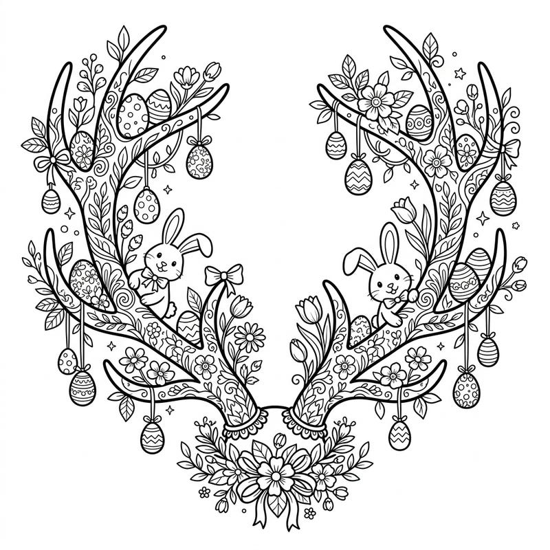 Immerse yourself in the charm of spring with this delightful Easter-themed coloring page featuring beautifully decorated reindeer antlers. Discover a whimsical world of bunnies, flowers, and patterned eggs waiting for your creative touch.