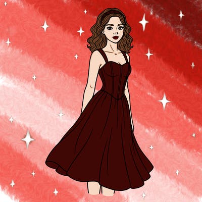 a pretty girl who curled her hair and is wearing a corset dress that has straps. it is a flowy dress and goes a little past her knees. she has a classic headband on. she has fairly small lips but not too small, just average. she is 16.