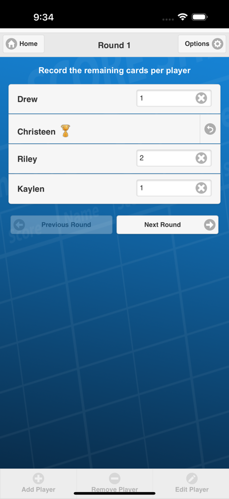 A screenshot of the Poker Pool Scorecard app interface for recording remaining cards per player during a game round.
