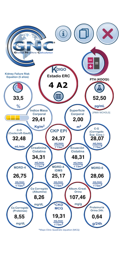 Global Nephro Calculator - グローバル腎臓計算機アプリのメインダッシュボード。腎機能、身体計測データ、骨・ミネラル代謝の結果を含む様々な臨床指標が表示されています。