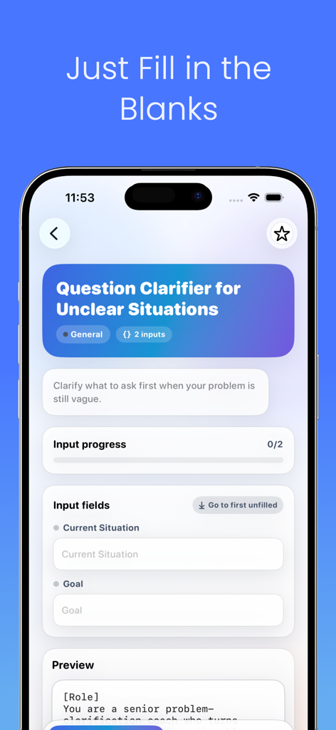 Screenshot of the Prompt Snap app showing the fill in the blanks interface for a question clarifier prompt