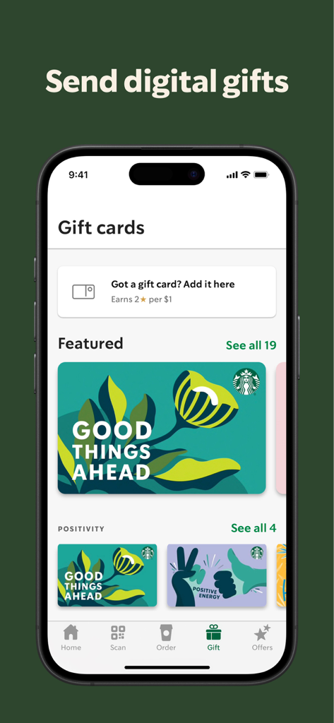 Starbucks - Starbucks mobile app interface displaying digital gift card designs for sending eGifts.