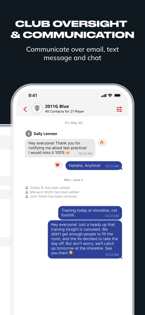ALBION Connect - A group chat interface within the ALBION Connect app showing messages between soccer team members about practice schedules.