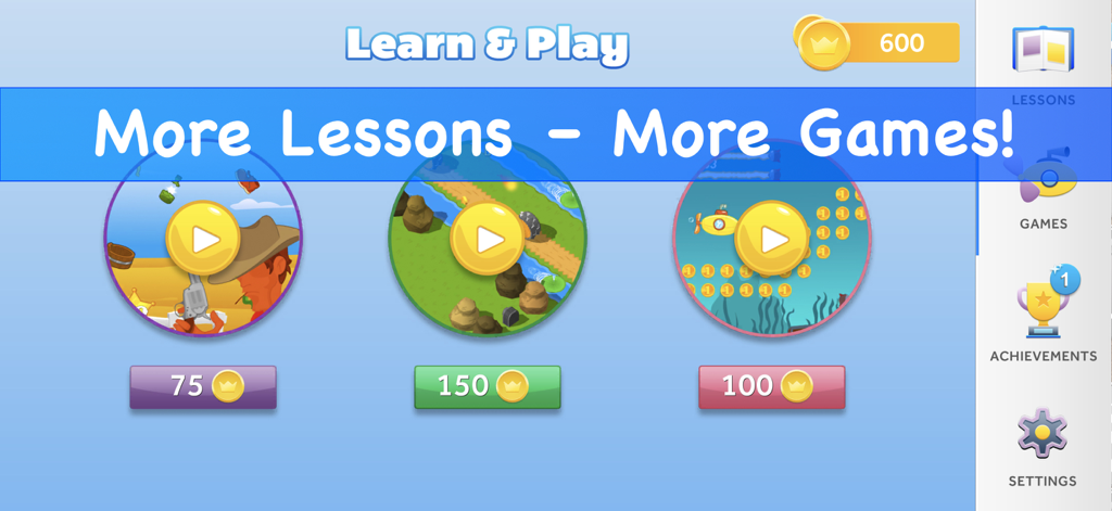 A selection of colorful mini games that children can unlock with coins in the English learning app