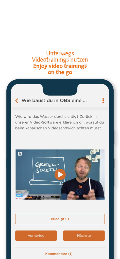 bikablo - Écran d'application mobile montrant une leçon de formation vidéo dans l'application bikablo intitulée Profitez des formations vidéo en déplacement avec un présentateur expliquant les techniques d'écran vert.