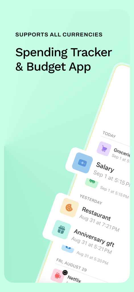 Spending Tracker: Sumi - Screenshot of the Sumi Spending Tracker and Budget App showing various transaction categories like groceries and salary