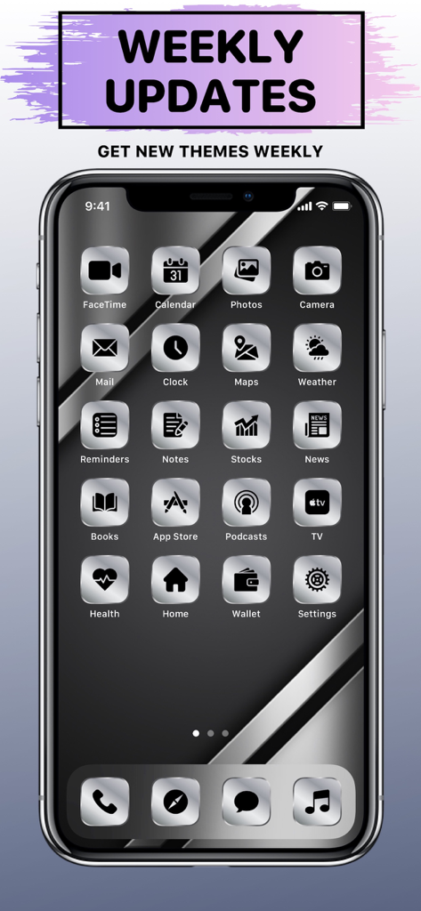 X Icon Changer: Icons & Themes - Pantalla de iPhone que muestra un elegante tema metálico plateado de lujo con iconos de aplicaciones personalizados y un banner de actualizaciones semanales