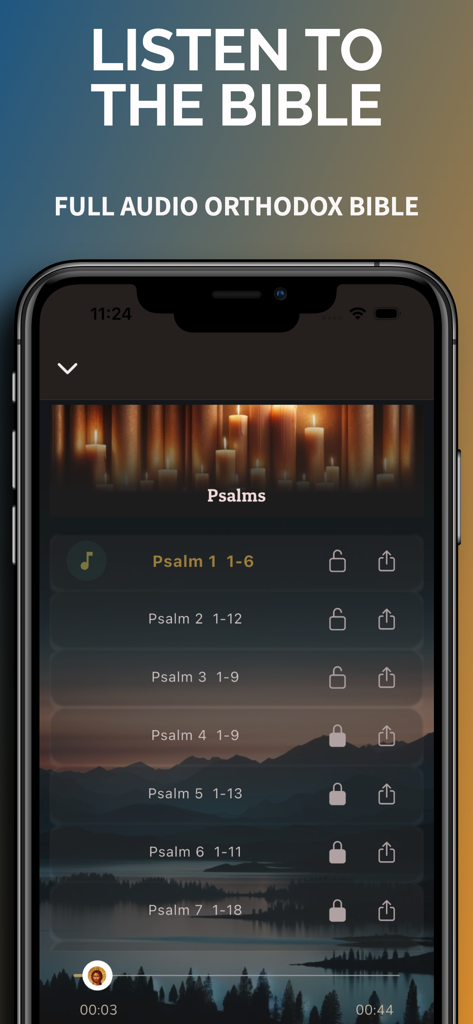 Interface of the Orthodox Bible app showing the audio player and a list of Psalms