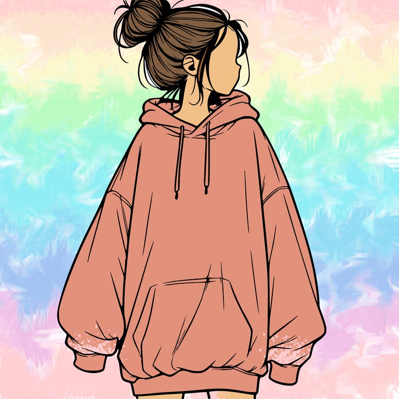 realistic girl with a oversized sweatshirt on and a bun