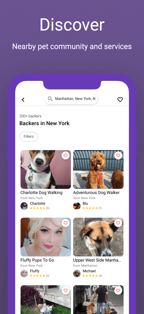 PetBacker app screen showing dog walking and pet sitting services in Manhattan New York
