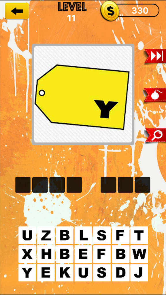 Screenshot of a logo guessing level in the Brand Logo Quiz app featuring a yellow price tag logo.
