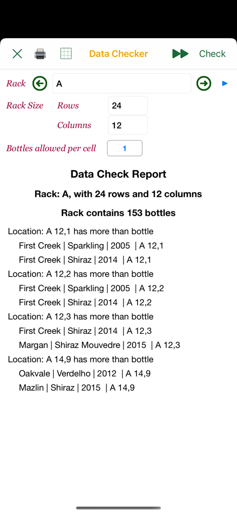 A data check report screen showing wine rack inventory details and location conflicts in the app.