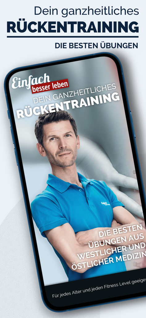 Startbildschirm der App Dein Rückentraining mit einem männlichen Trainer und ganzheitlichen Rückenübungsprogrammen