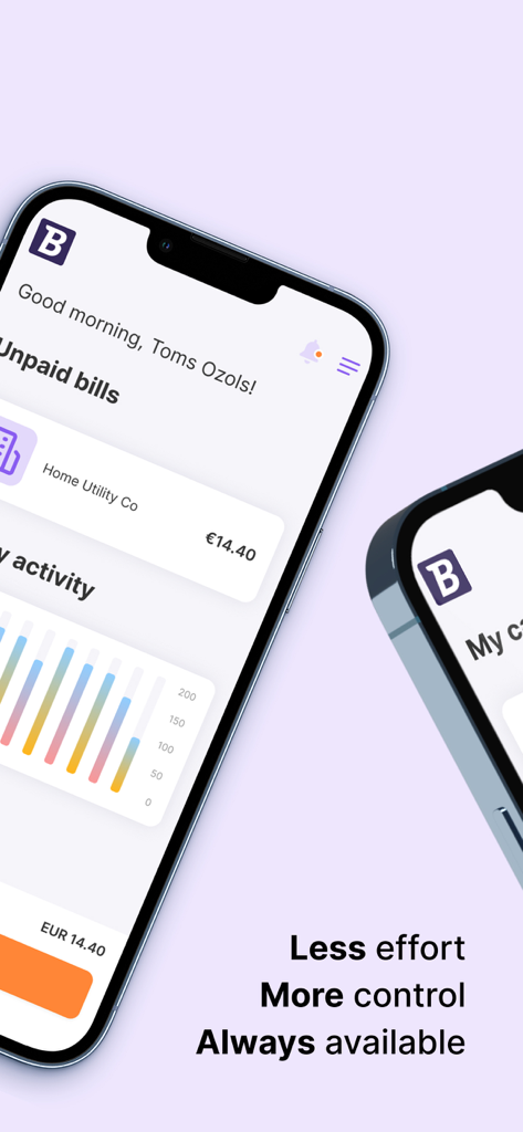 The Bill.me mobile app dashboard displaying unpaid utility bills and consumption activity graphs.