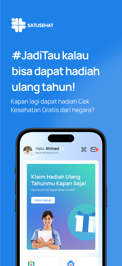 Smartphone screen showing the SATUSEHAT Mobile app interface with a promotion for a free birthday health check gift
