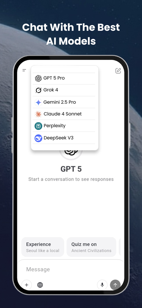 A smartphone screen displaying the Galaxy.ai chat interface with a menu of premium AI models like GPT-5 and Claude