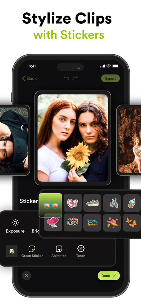 VILO: Video Editor Reel Maker - ビデオクリップのスタイリングのためのカラフルなステッカーとアニメーションアイコンのメニューを表示するVILOモバイルアプリのインターフェース。