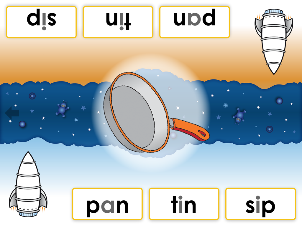 PLD 2P Read 1a - Educational two-player screen matching a picture of a pan with its corresponding CVC word.